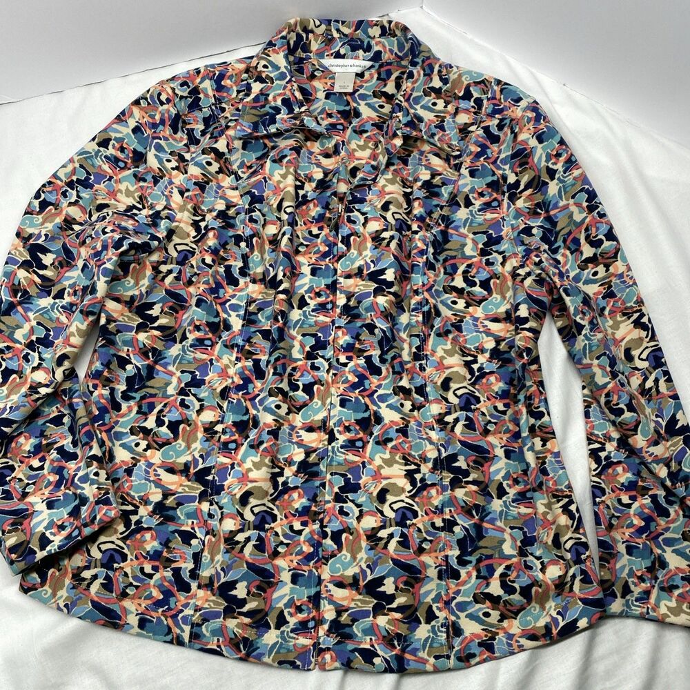 Christopher & Banks Art To Wear Abstract Jacket Womens Large Blue Pink Zip Up